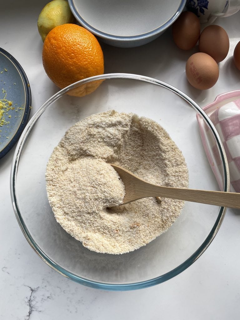 Mixing dry ingredients in the glass mixing bowl